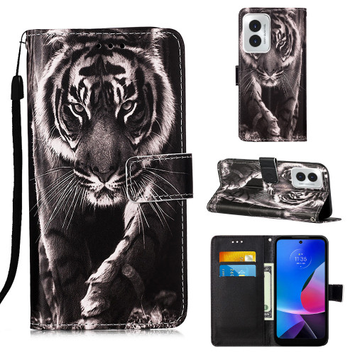 Moto G Play 2024 Colored Drawing Pattern Plain Weave Leather Phone Case - Black And White Tiger